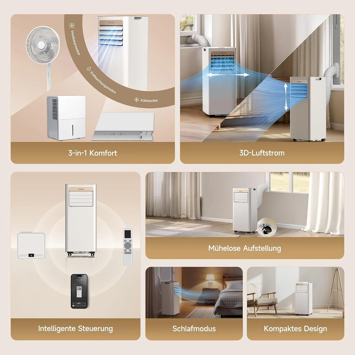 DREAME P-Wind10 7000 BTU Tragbare Klimaanlage. 3-in-1: Kühler & Entfeuchter & Ventilator. 3D Airflow. App- & Fernsteuerung. Schlafmodus.