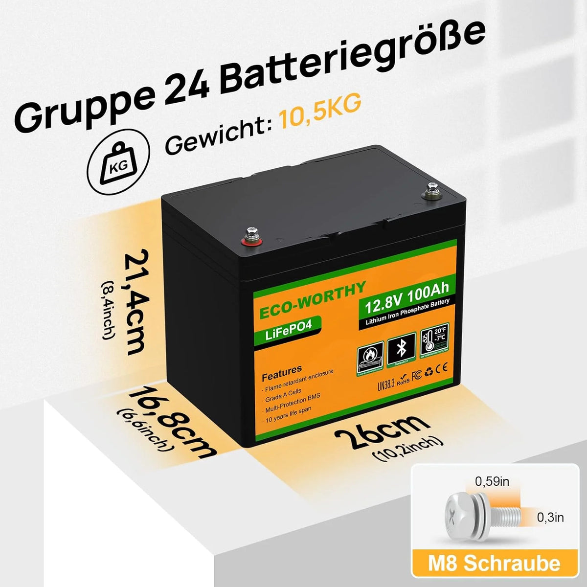 ECO-WORTHY LiFePO4 12V 100Ah Bluetooth mit 100A BMS Low Temperature Schutz und Max. 15000 Zyklens.1280Wh Lithium Batterie 12V 100Ah Autobatterie für