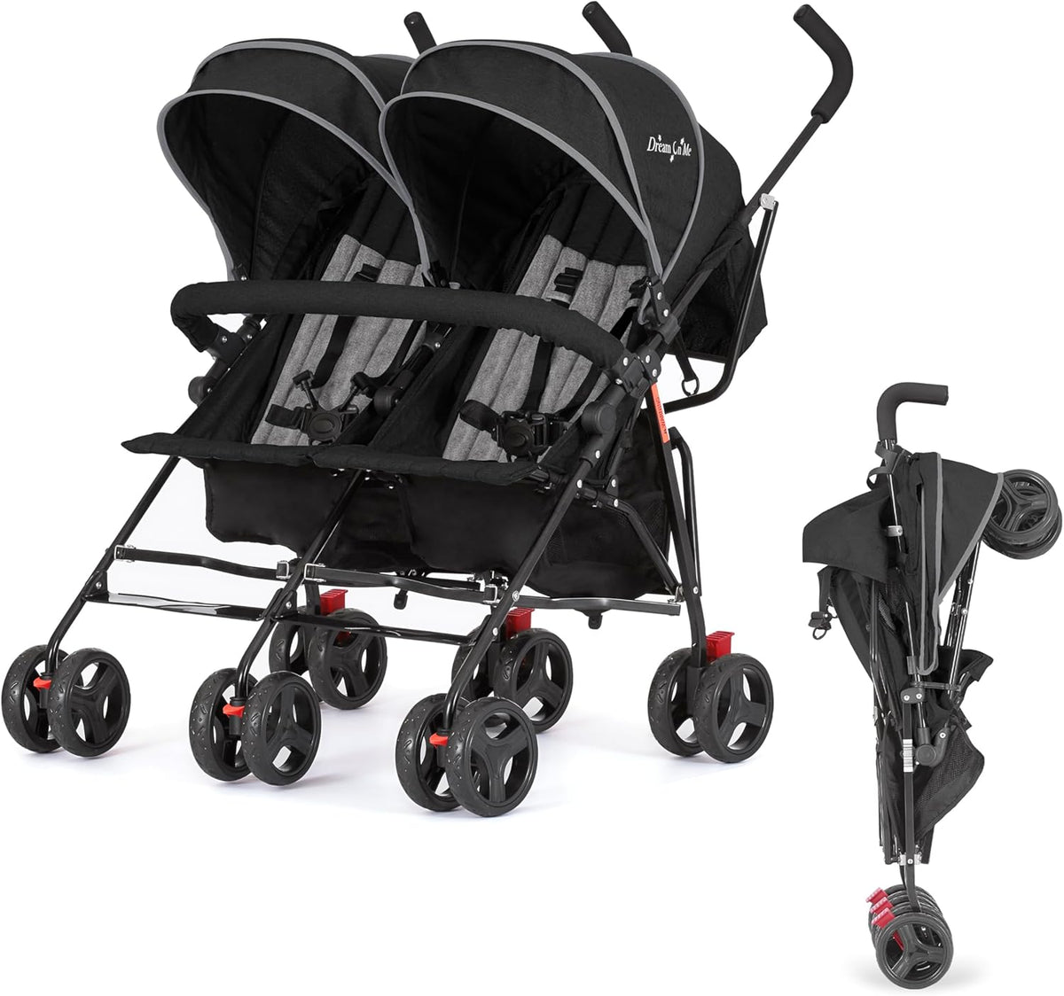 Twin Umbrella Stroller in Black. Lightweight Double Stroller for Infant & Toddler. Compact Easy Fold. Large Storage Basket. Large and Adjustable Canopy
