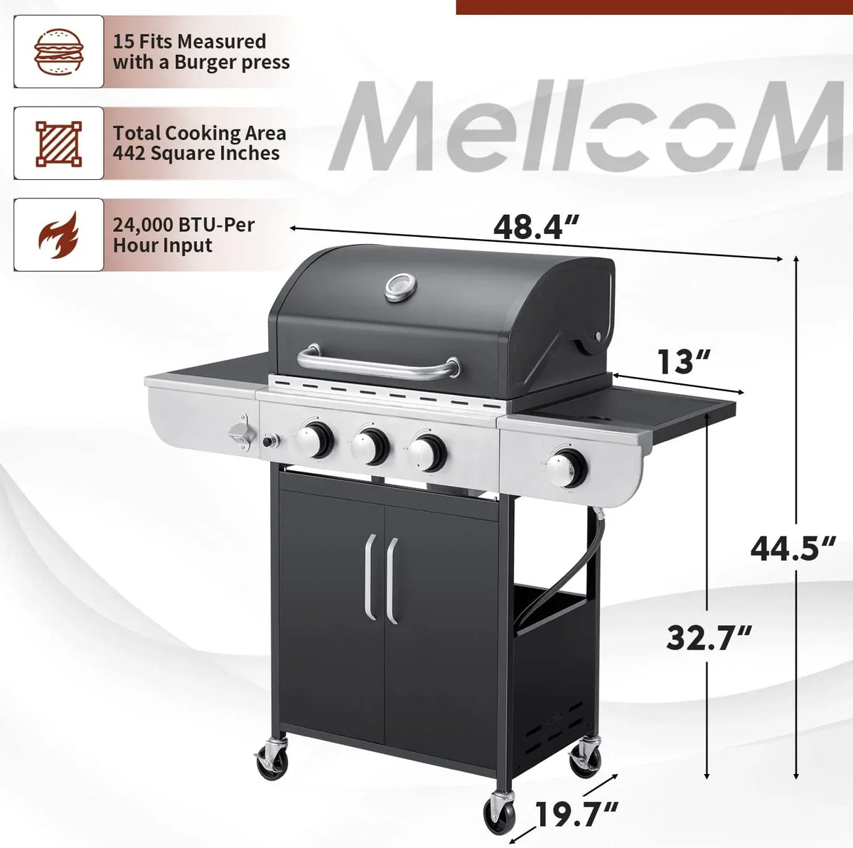 4-Burner Propane Gas Grill with Cast Iron Grates. Side Stove and 44.000 BTU Stainless Steel Burners