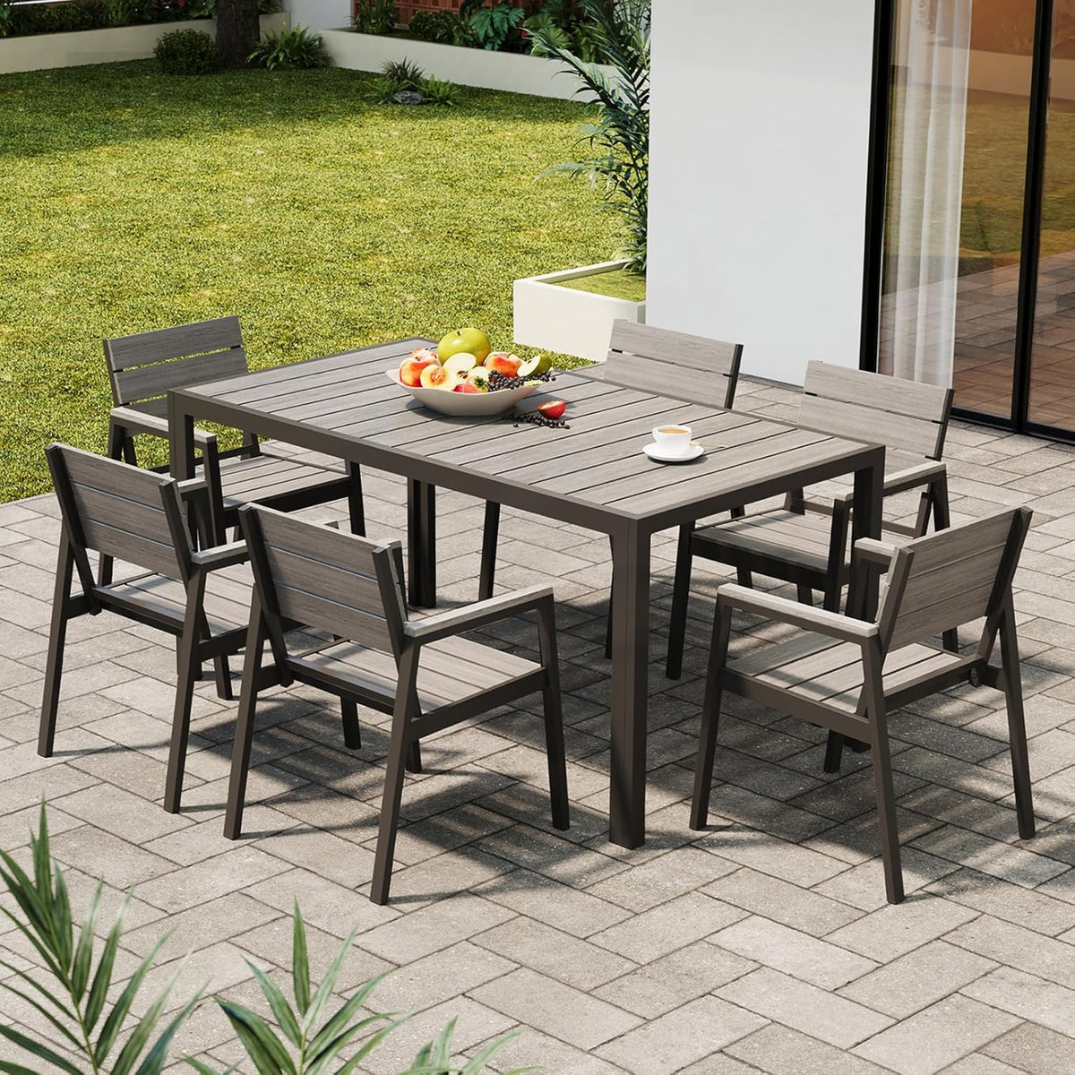 Devoko HDPS Conjunto de jardín de exterior de 7 piezas. resistente a la intemperie.con mesa de 150 cm y 6 sillas de jardín de exterior de aluminio.