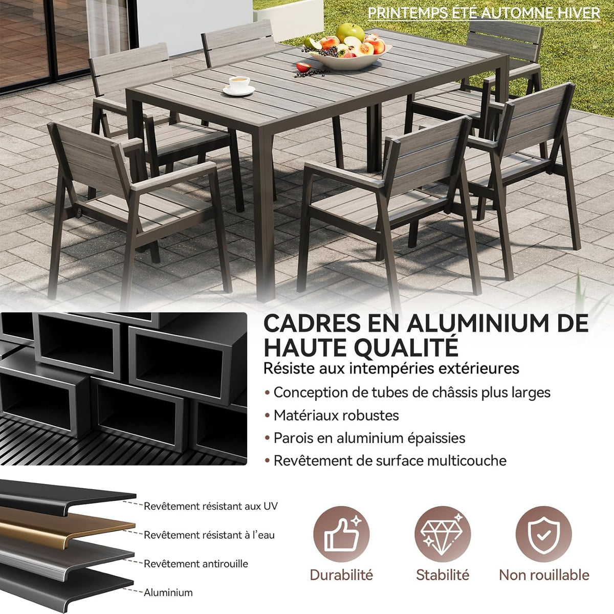 Devoko HDPS Conjunto de jardín de exterior de 7 piezas. resistente a la intemperie.con mesa de 150 cm y 6 sillas de jardín de exterior de aluminio.