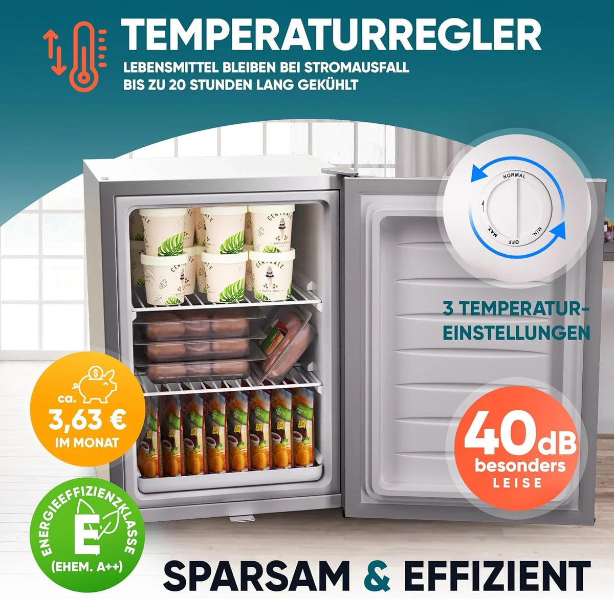 Stillstern Mini Gefrierschrank (42L) -18°C. Eiswürfelschale. Schloss. Türanschlag wechselbar. 4-Sterne Tiefkühlschrank für Camping/Büro Gefriertruhe