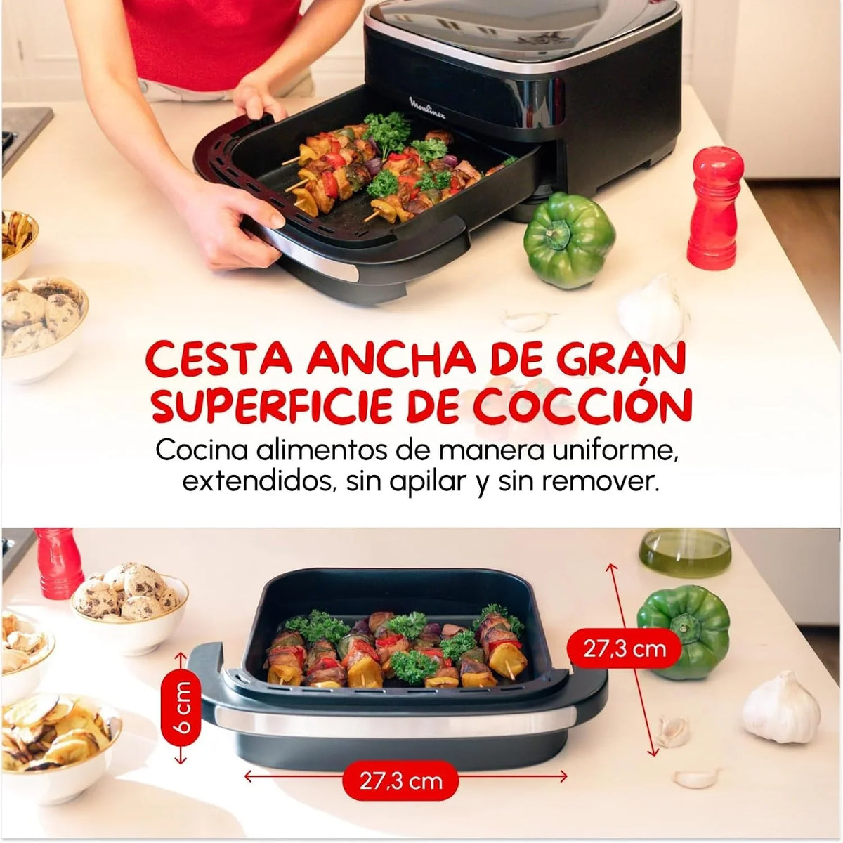 Moulinex Freidora de Aire Easy Fry XL Surface. 2200 W. Doble Resistencia. Cocción Uniforme. Cesta Ancha. 10 Programas Automáticos. Horno para Pizzas.