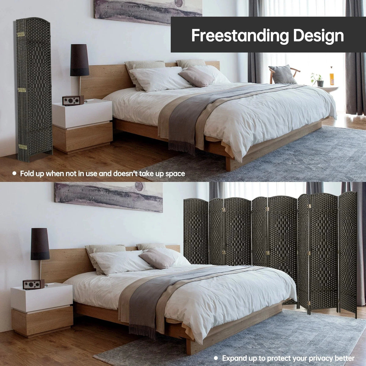 6 FT Tall Woven Fiber Room Divider. Freestanding Folding Privacy Screen
