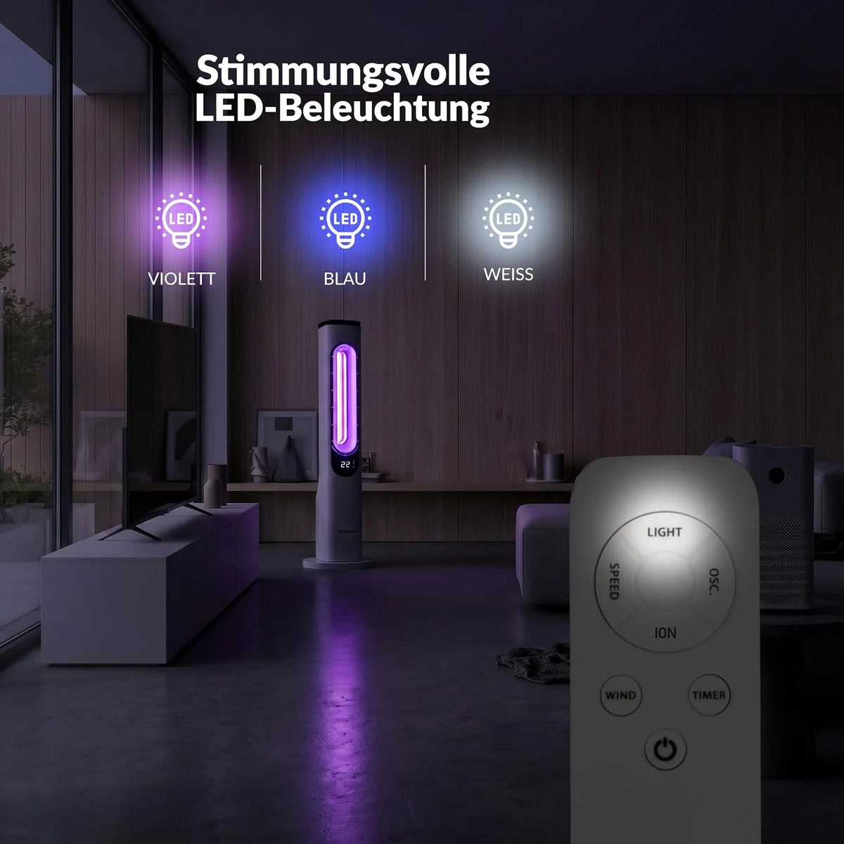 LEHMANN Turmventilator mit Fernbedienung & LED-Display. leiser Ventilator mit Schlafmodus. 15 h Timer. 3 Lichtfarben. 3 Modi. 3 Geschwindigkeiten.