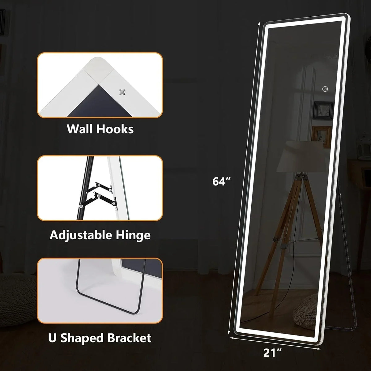 64 x 21 Inch Full Length LED Floor Mirror with Stand. Full Body Wall Mounted Mirror