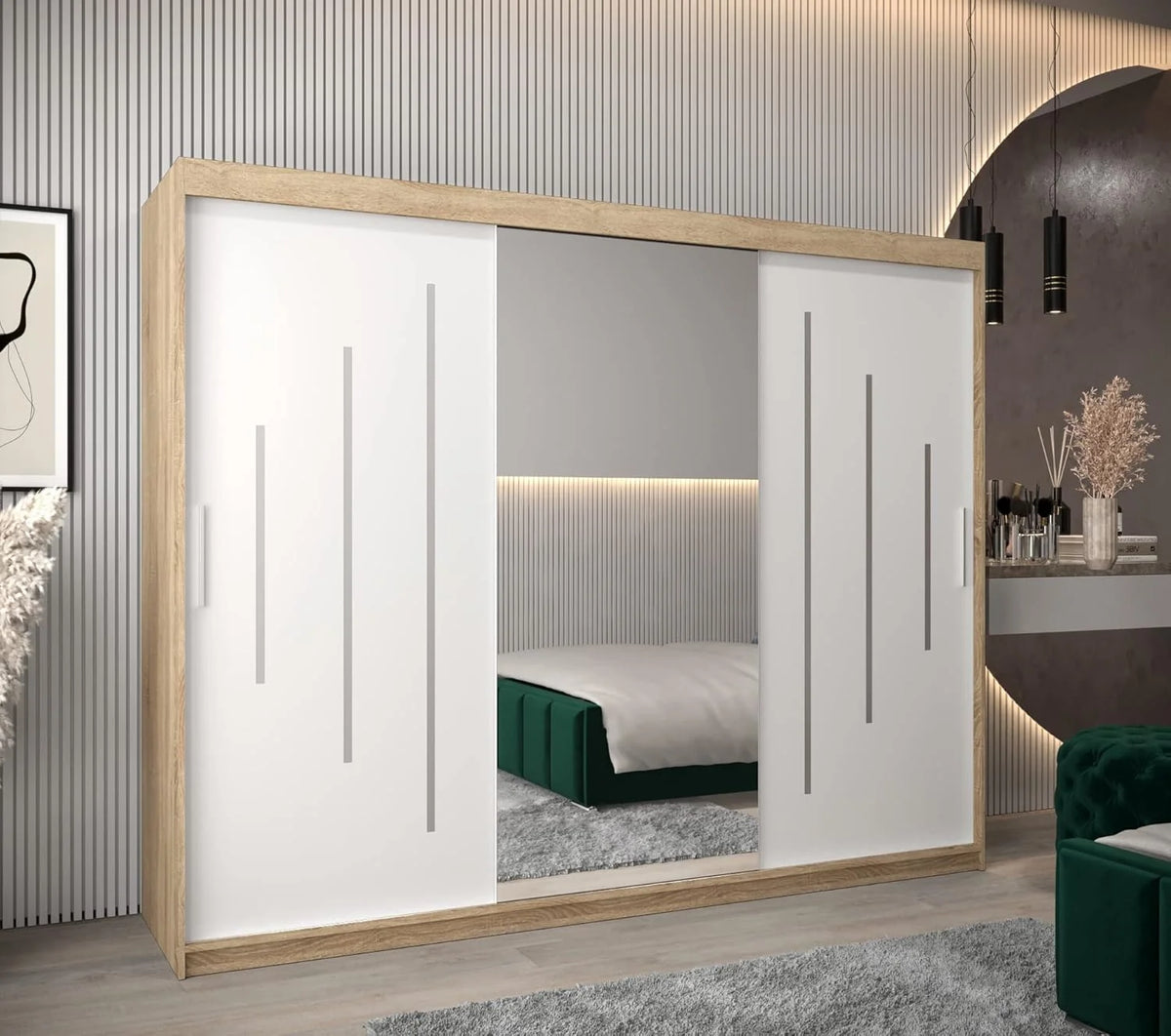 ABIKSMEBLE York 1 250 Armario 2 Puertas Correderas para Dormitorio - Armario Moderno con Espejo. Barra y Estantes - 250x200x62 cm (Ancho x Alto x