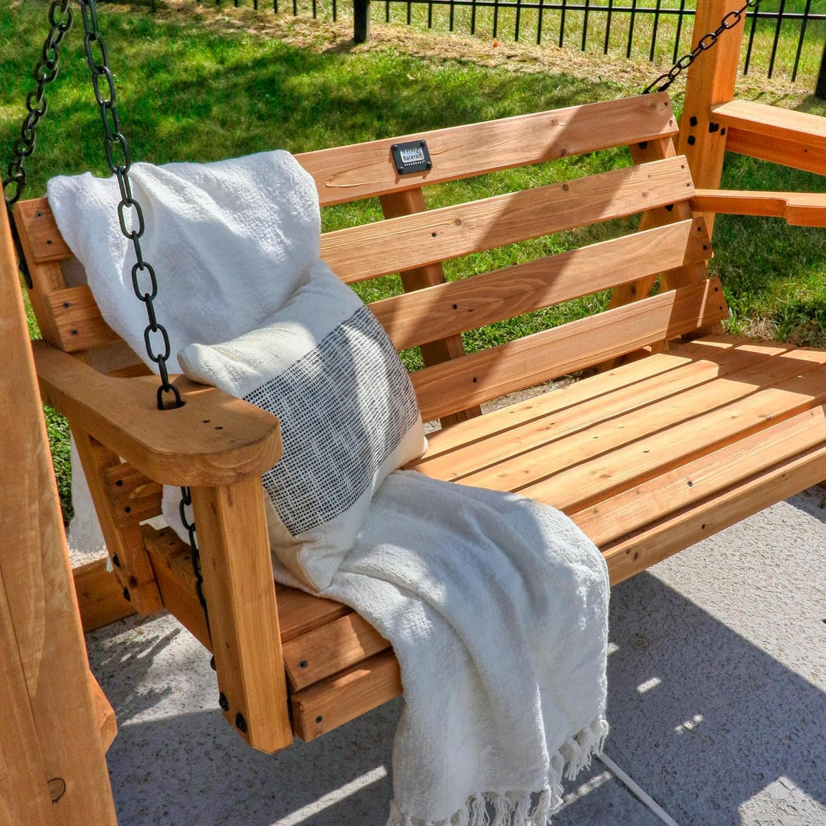 Backyard Discovery 55 Cedar Wood Farmhouse Outdoor Porch Swing Bench with Two-Person Seating. Durable Hanging Chains. Water-Resistant. Heavy-Duty 600 Lbs Weight Capacity for Patio. Deck. Garden