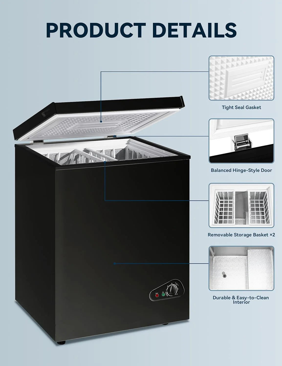 7.0 Cu Ft Chest Freezer - Energy Efficient & Quiet Mini Freezer with Adjustable Thermostat - Compact Deep Freezer for Home. Apartment. and Garage - Removable Basket & Defrost Drain