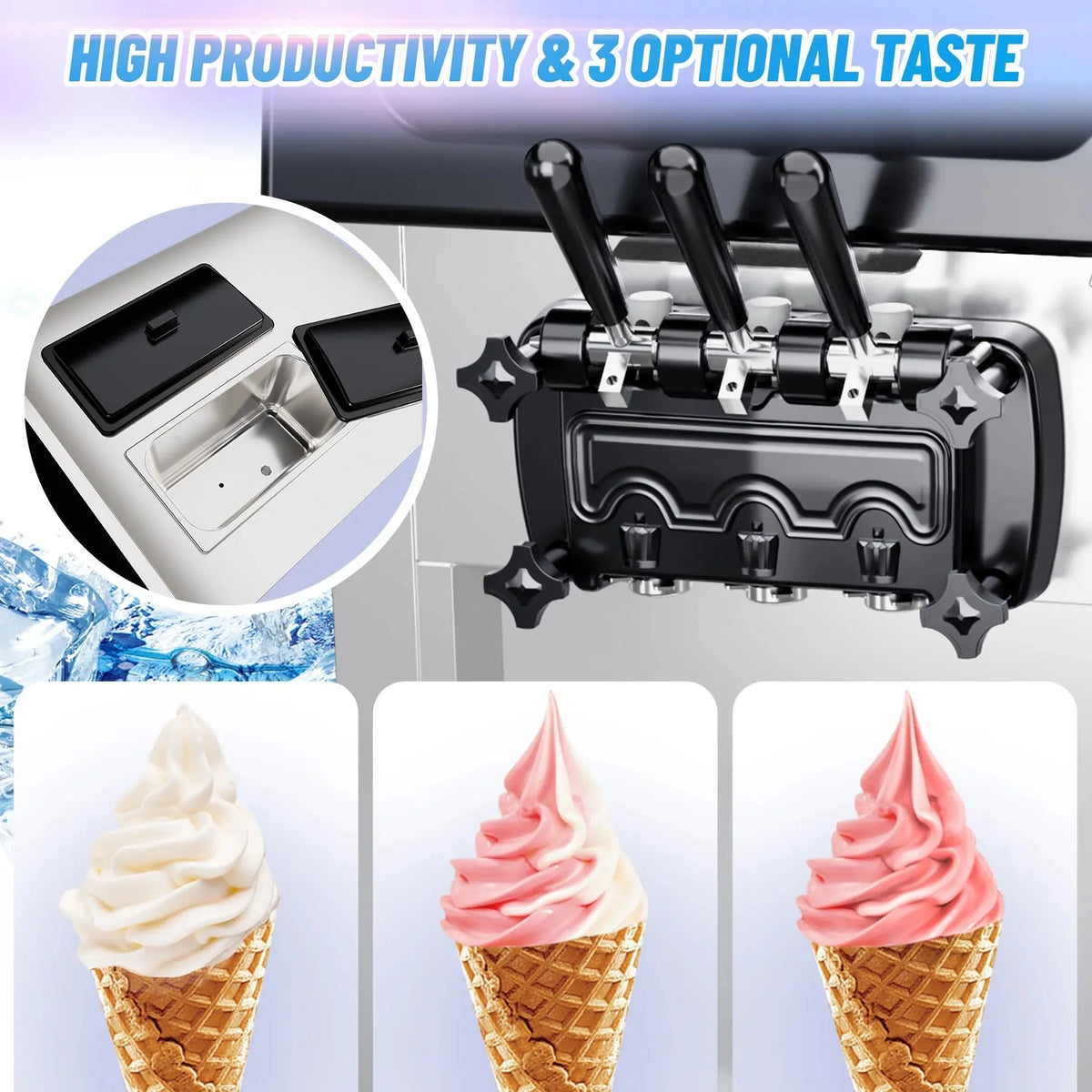 2200W 3-Flavor Soft Serve Ice Cream Machine. 5.3–7.4 Gal/Hr. LCD Touch Screen. Automatic Cleaning