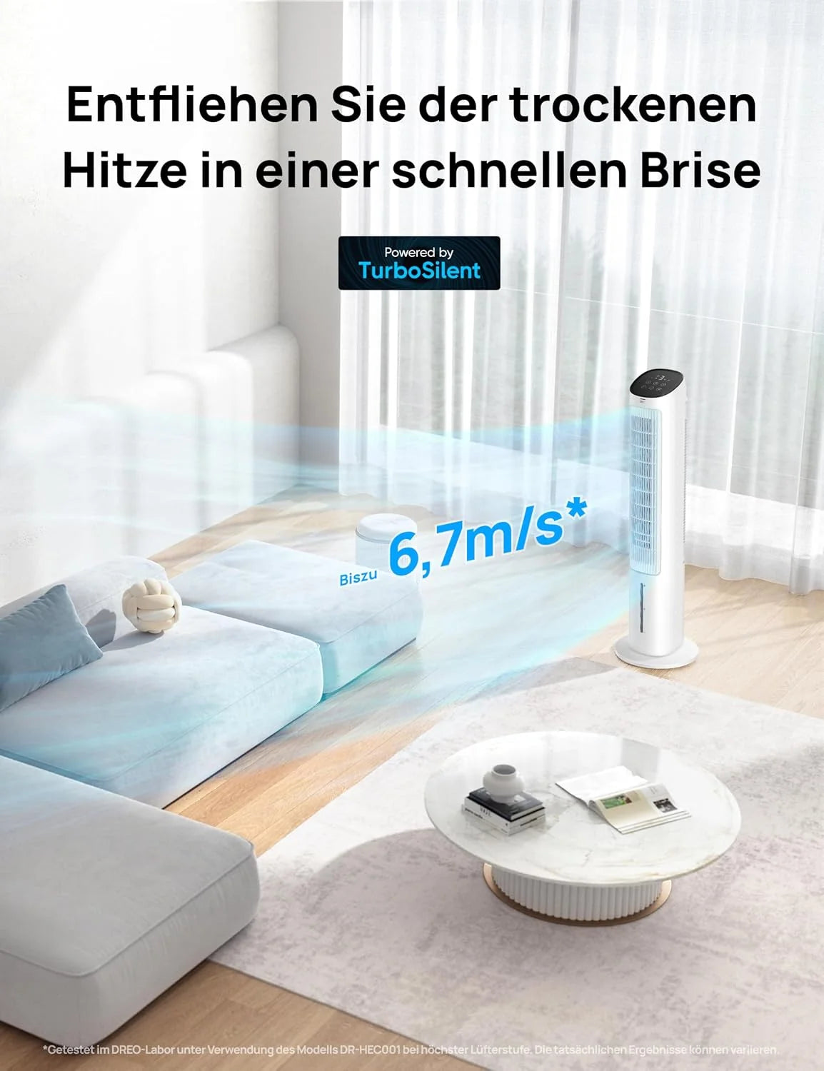 DREO Turmventilator mit Kühlung leise. Ventilator mit Wasserkühlung. 102 cm Luftkühler. Verdunstungskühler mit 80° Schwenkfunktion. 3 Modi. 4