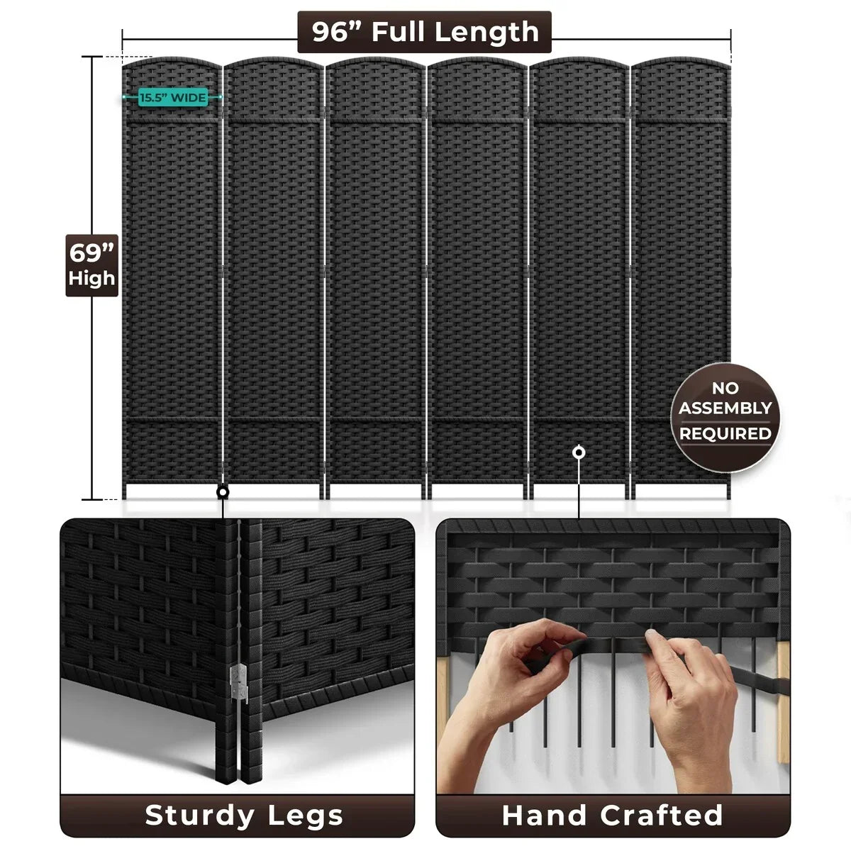 6 Panel Room Divider. 6ft Tall Extra Wide Folding Privacy Screen with Hand-Woven Mesh Panels