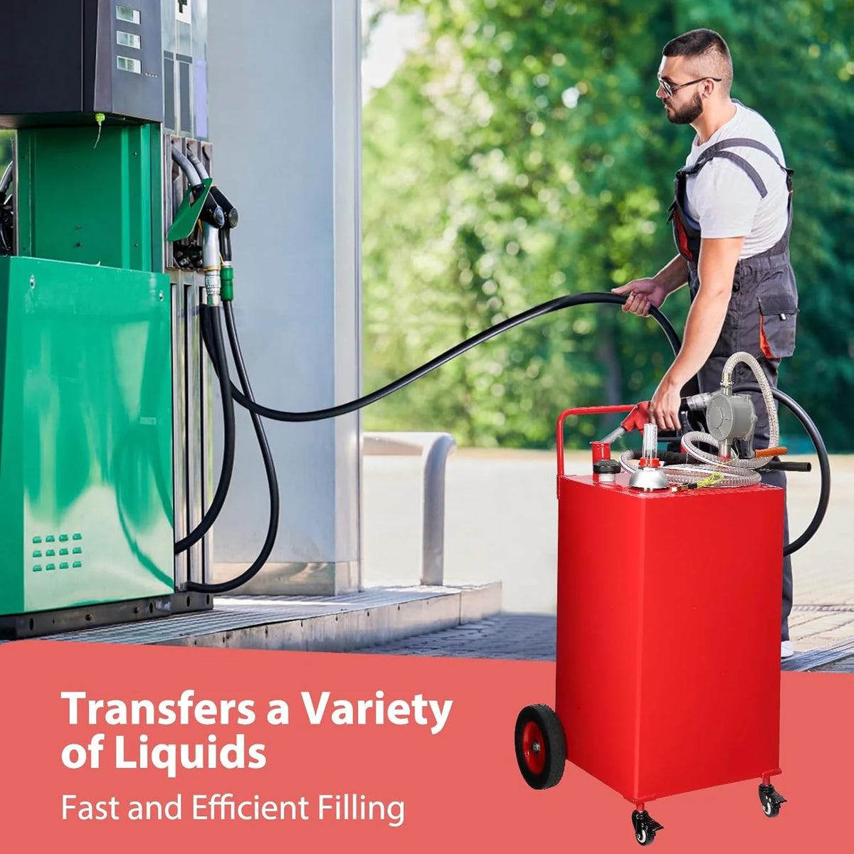 30 Gallon Fuel Caddy. Fuel Tank with Manual Transfer Pump for Gasoline & Diesel. Durable 4-Wheel Design. Mobile Fuel Storage for Cars. Trucks. Boats. Lawn Mowers. Red
