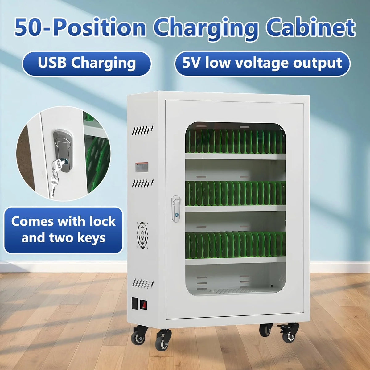 Mobile Charging Cabinet for Cell Phone. 50 Device Charging Station. USB Charging Cart Locker. with Wheels & Combination Lock. Secure Phone Storage Cabinet (50Slots)
