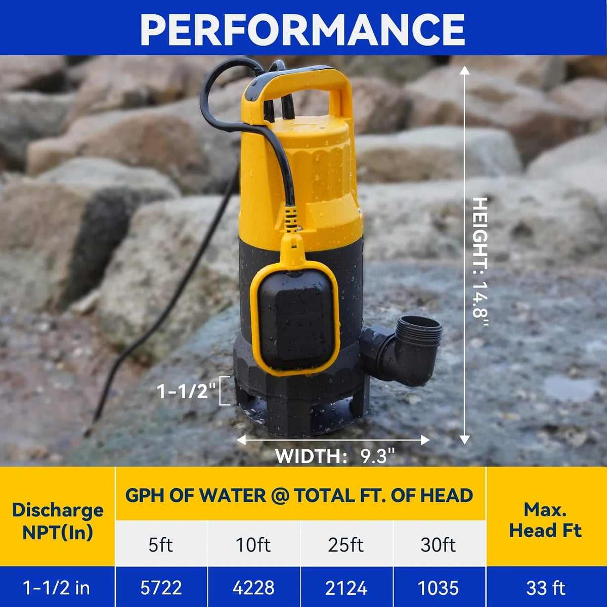 3/4HP Submersible Sewage Effluent Pump. Cast Iron. 115V 6400 GPH Automatic Tethered Float Switch. Sump Pump for Sump Basin. Basement. Residential Sewage. 2'' NPT Discharge