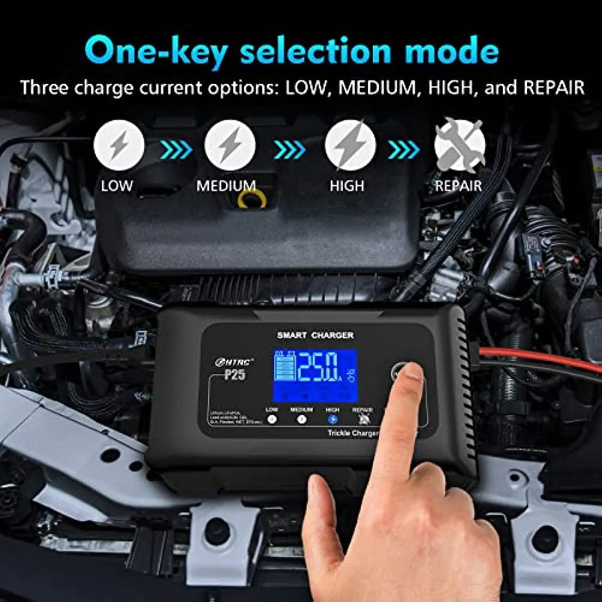 25-Amp Smart Battery Charger.Lithium.LiFePO4.Lead-Acid AGM/Gel/SLA.. Car Battery Charger.Trickle Charger. Maintainer/deep Cycle Charger.12V/25A and