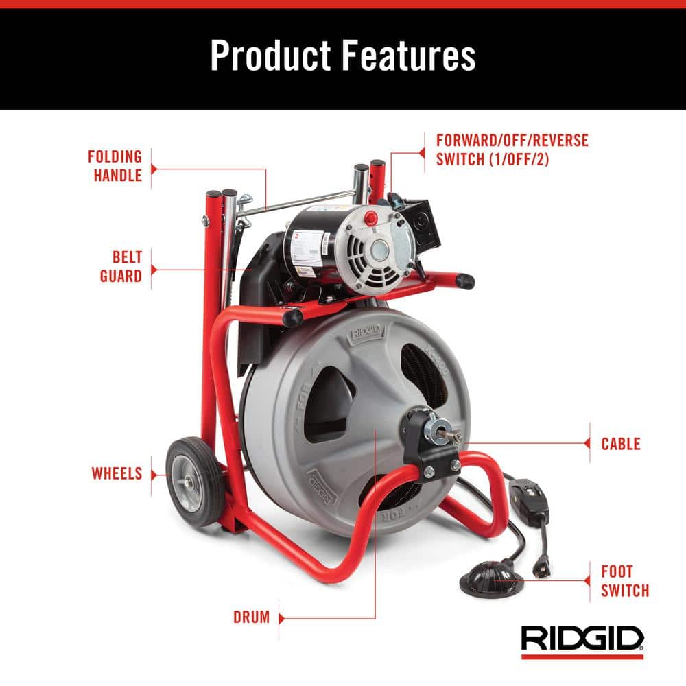 120V Drum Drain Cleaning Snake Auger with 3/8-In. x 75-Ft. Cable. 4-Piece Tool Set and Gloves