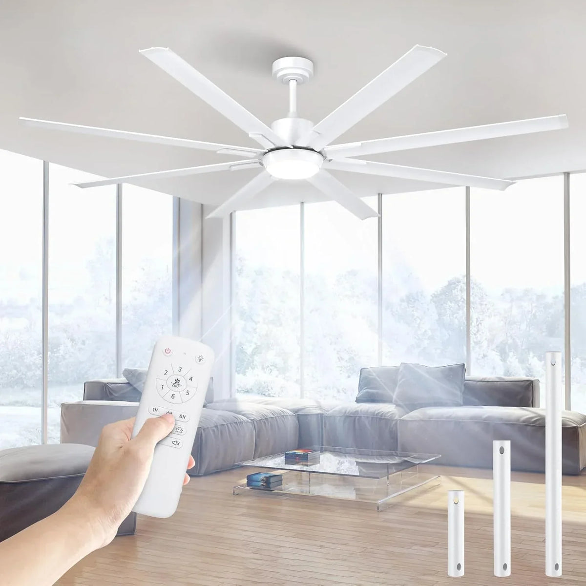 183cm Extra Grande 8 Aspas de Aluminio Ventilador de Techo con Luz y Mando. Silencioso Lampara Ventilador Techo con Reversible Motor DC para Exterior