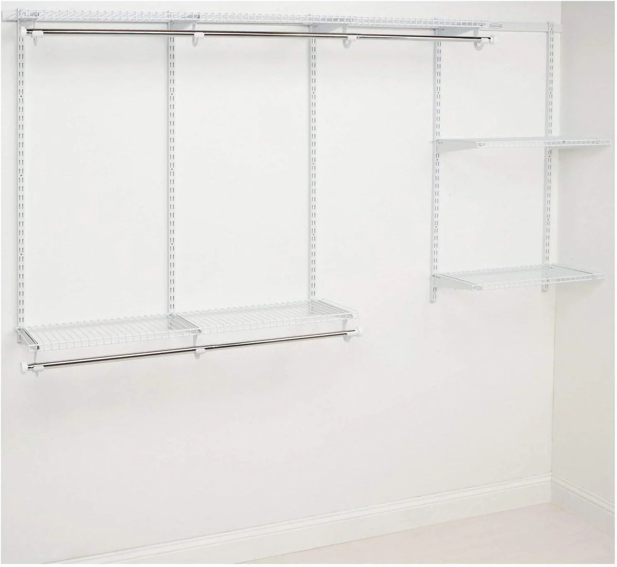 Rubbermaid Configurations Custom Closet Kit 4-8 Ft. Adjustable Metal Wire Shelving White Finish Expandable Organization System Hardware Included for Home Closet/Pantry/Laundry/Mudroom