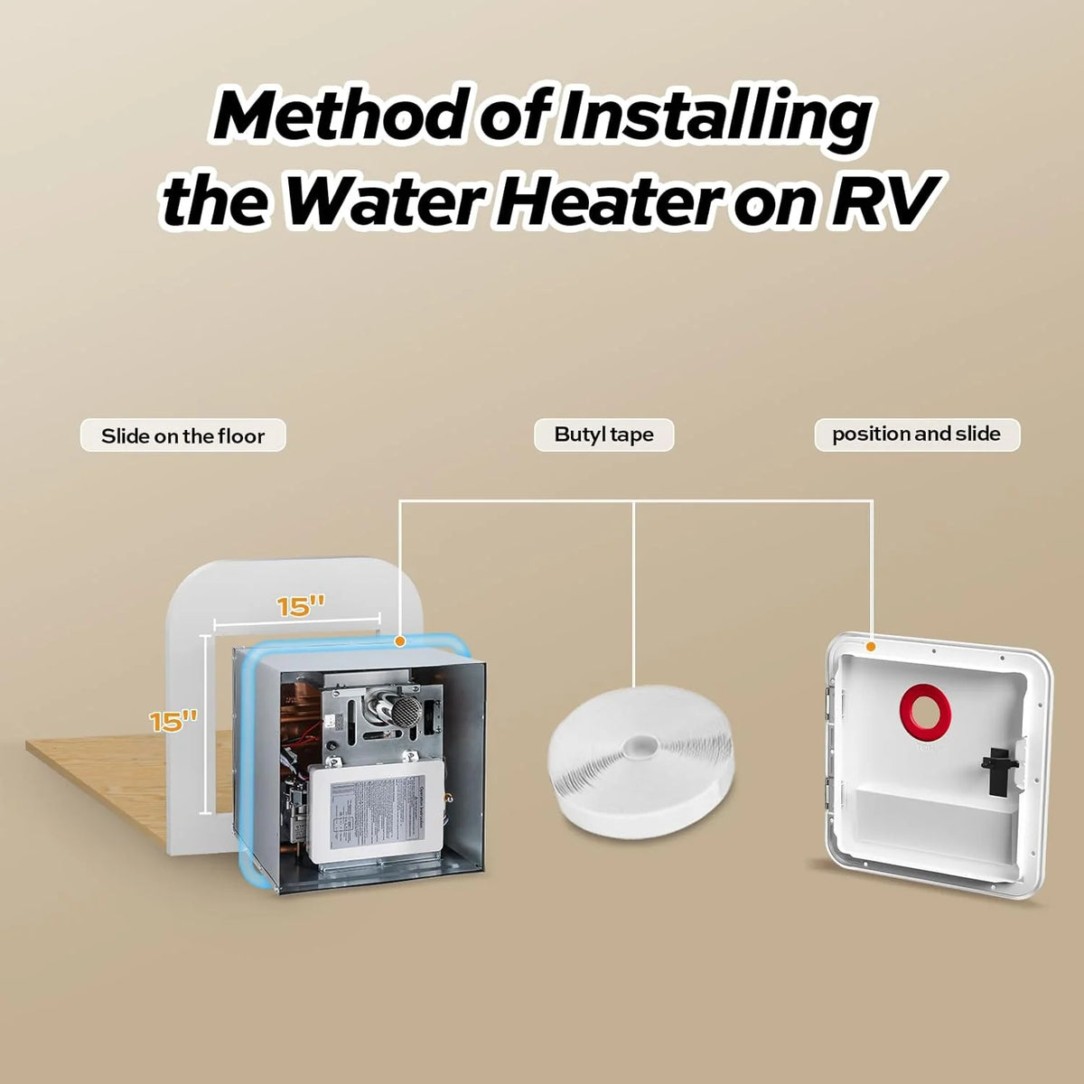 RV Tankless Water Heater without Door. . Propane Gas. DC 12V. 3 Optional Door Sizes 15x15. 15x18 and 18x18 for Refitment. Compatible with All RVs. Sufficient Power. High Altitude