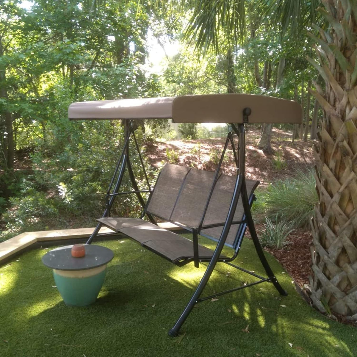 3 luxurious outdoor deck swings. with a weather-resistant steel frame. adjustable tilted canopy. brown model