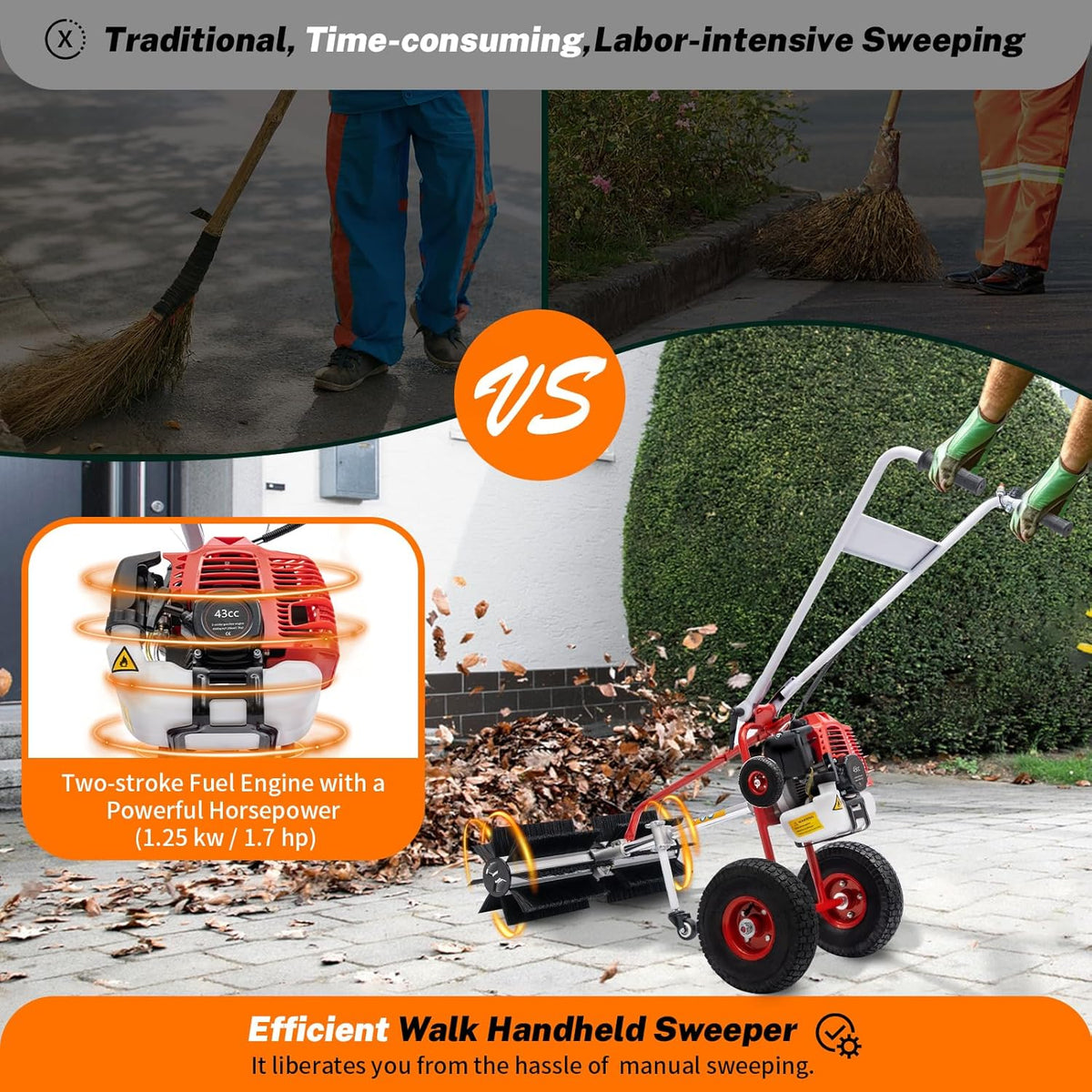 43cc 1.7HP Gas Powered Broom. 2 Stroke Power Sweeper Handheld Gasoline Power Broom Sweeping Machine for Garden Lawn Yard Sidewalk Driveway Turf Grass Cleaning. 600mm Nylon Brush Sweeping broom