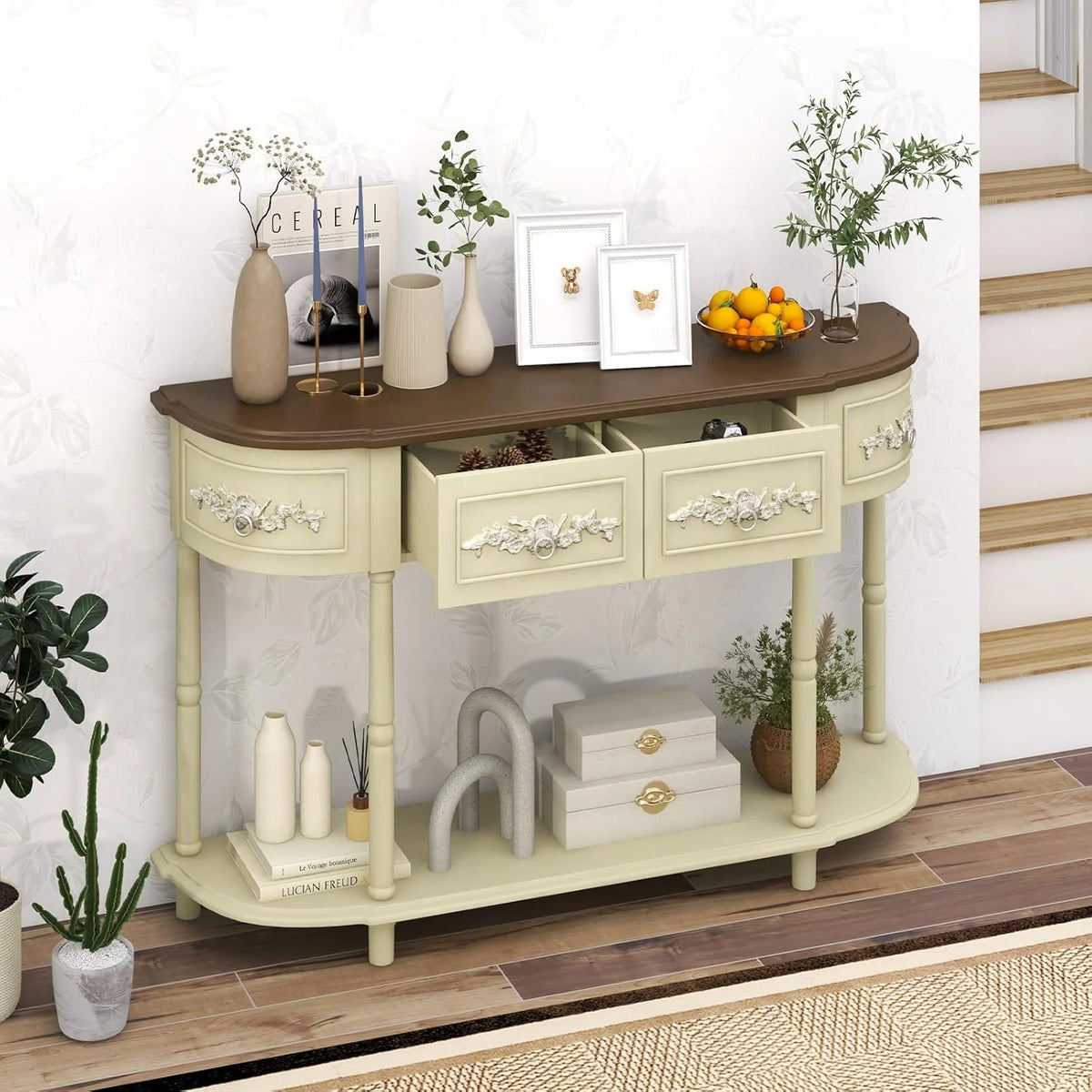 Retro game console table with drawer. 52-inch narrow sofa table with open shelves. table with storage function at the half-moon entrance. solid wood legs. entrance table for retro living room corridor. beige color scheme