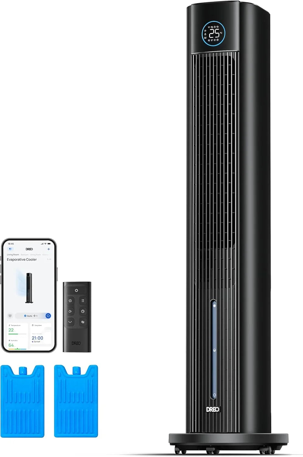 DREO Turmventilator mit Wasserkühlung. 110 cm Luftkühler mit Wasserkühlung Leise. 4-Geschwindigkeiten-4-Modi Verdunstungskühler. APP-Steuerung.