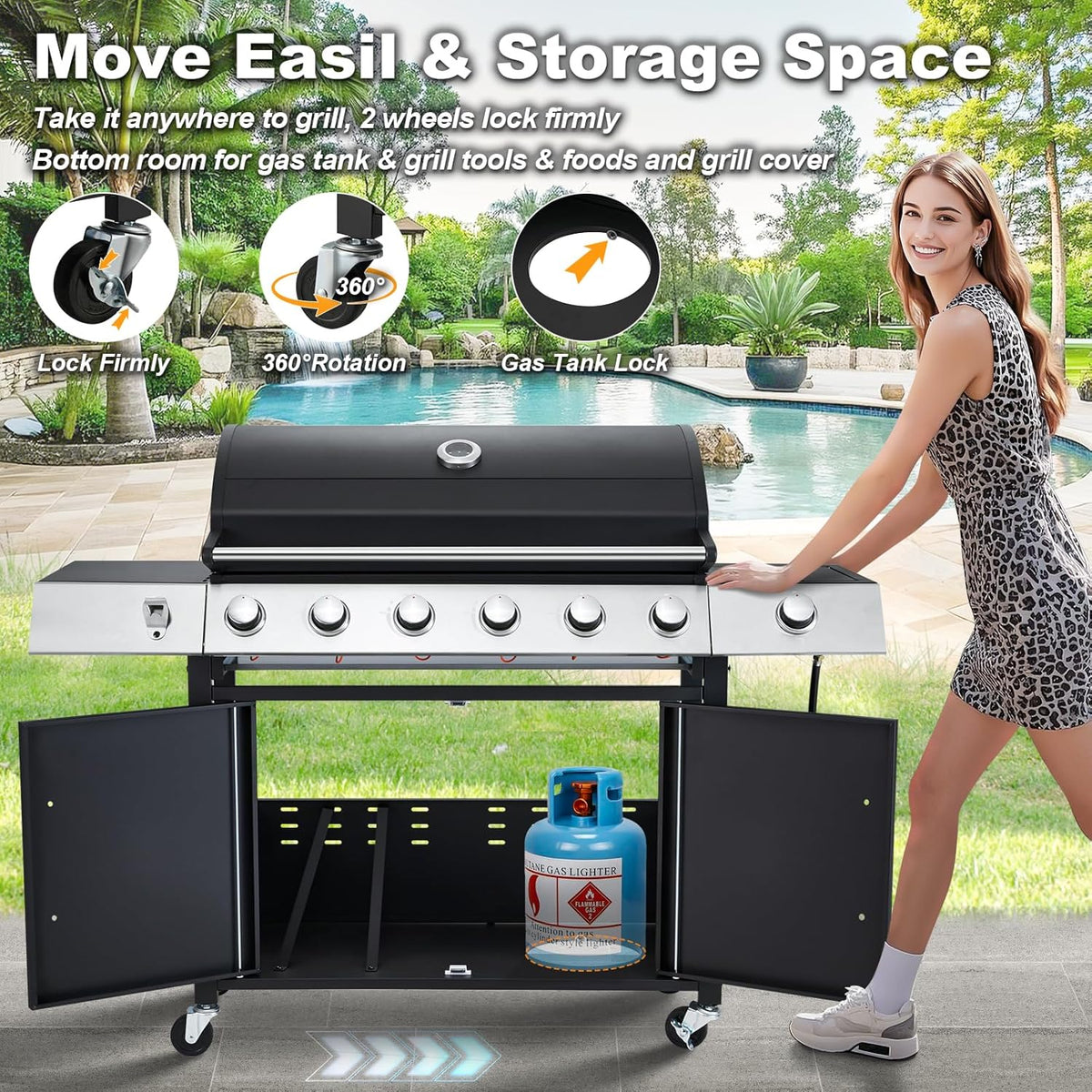 4-Burner Propane Gas Grill with Cast Iron Grates. Side Stove and 44.000 BTU Stainless Steel Burners