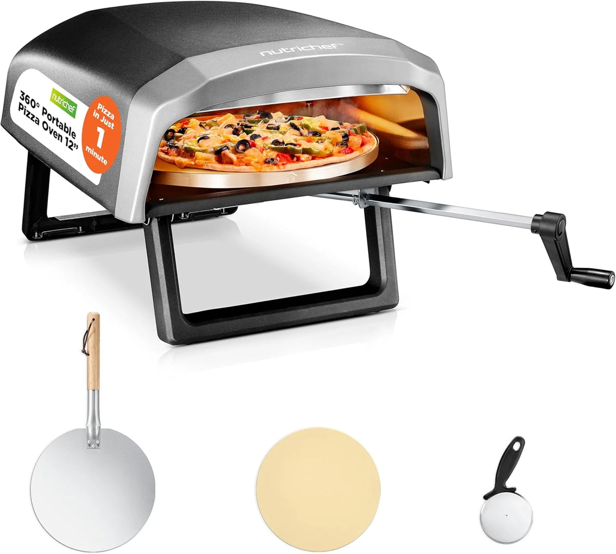 Outdoor pizza oven. equipped with 360-degree rotating pizza stone | Adjustable temperature control | Includes pizza shovel. pizza knife. stone. lid and hose | Can bake a 12-inch pizza in 60 seconds | 32.9 x 16.1 x 12.4 inches