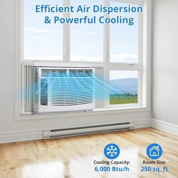 Window Air Conditioner With Reusable Filter & Controls. 6000 BTU 115V~. Suitable for 250 Sq.Ft