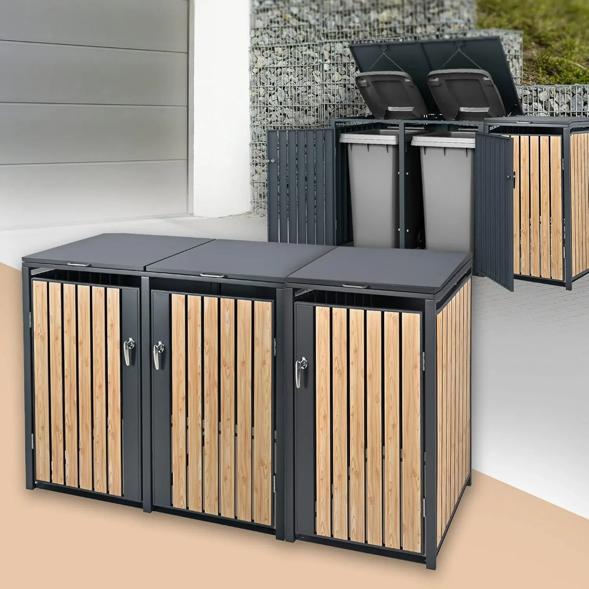 ML-Design Mülltonnenbox 3er 3 Tonnen 240L 200x80x116.3cm Anthrazit-Holzoptik. Stahl wetterfest/abschließbar Mülltonnenverkleidung Klappdeckel/3 Türen.