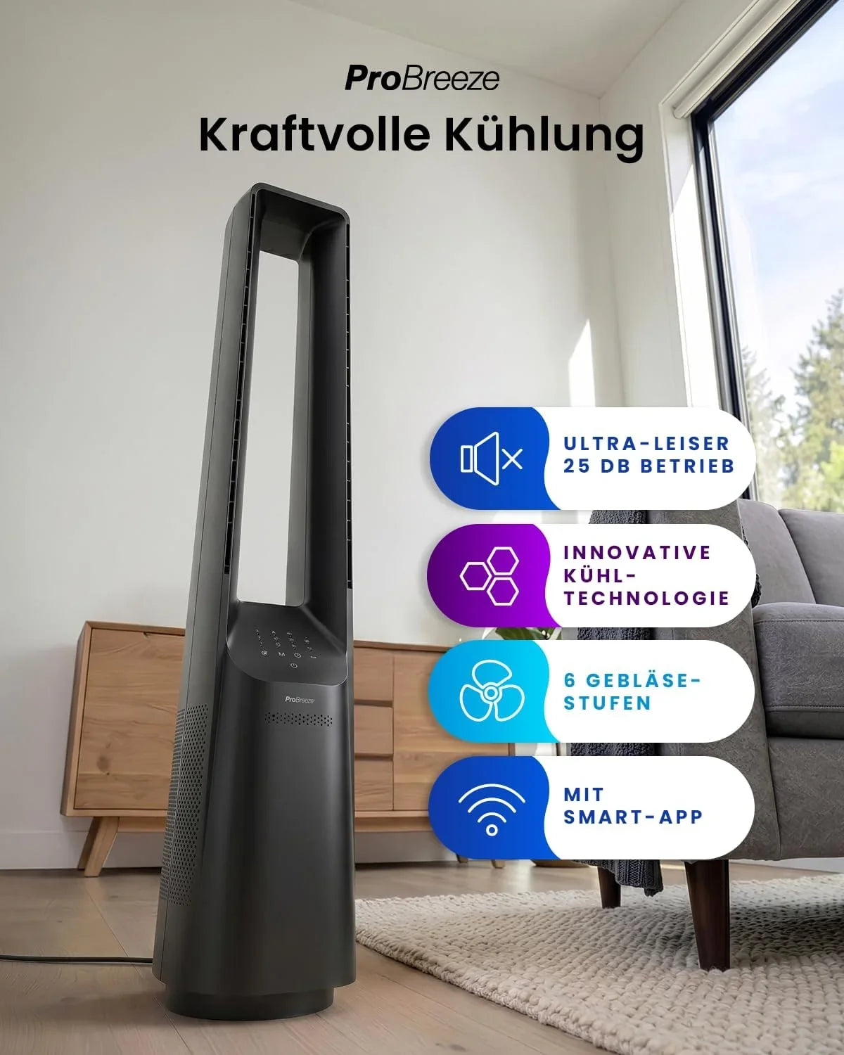 Pro Breeze 101cm rotorloser Ventilator - Smart Home Ventilator mit WLAN. Fernbedienung. LED Display. 6 Geschwindigkeiten - Turmventilator sehr leise.
