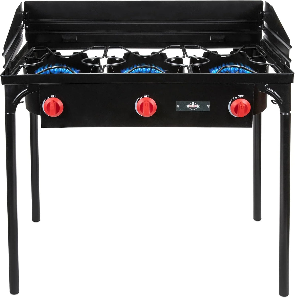 Dual-burner outdoor gas stove | 150.000 British thermal units portable propane stove. with blue flame control. detachable legs. temperature control knob. windproof panel. hose. regulator and storage box