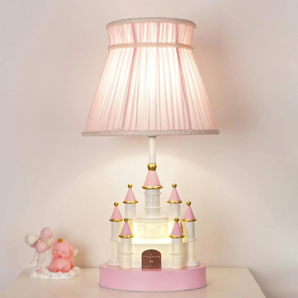 Cartoon children's table. Light pink bedside table. Princess-style cute castle-shaped resin material lamp for girls' bedroom and living room. with fabric shade cover.