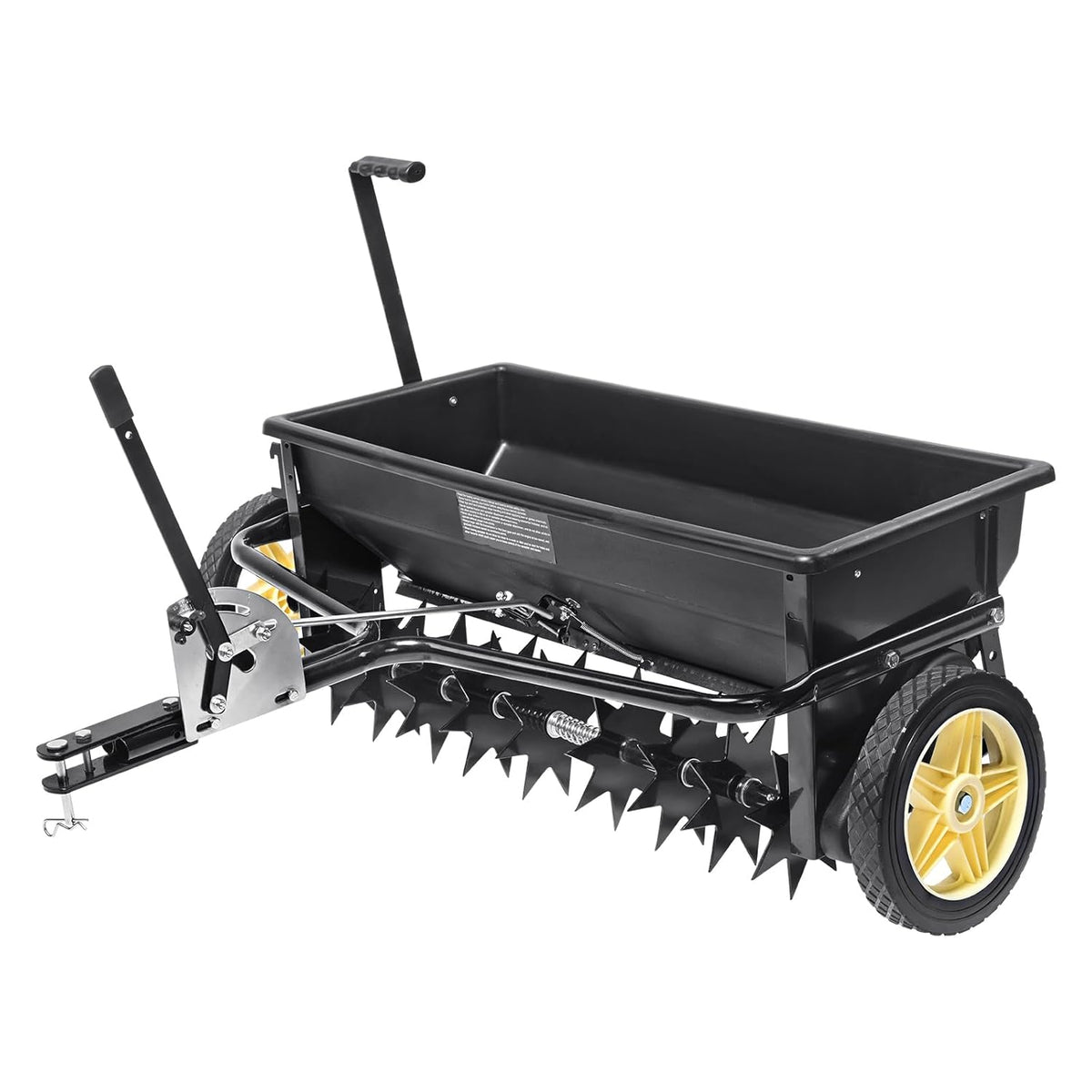 Broadcast seeder. 100-pound tractor-mounted rear polyethylene seeder with 10-inch wheels. equipped with a steel spike weeder. fertilizer spreader. garden seeder and salt spreader. suitable for residences. farms. rough terrain. and black pavement.