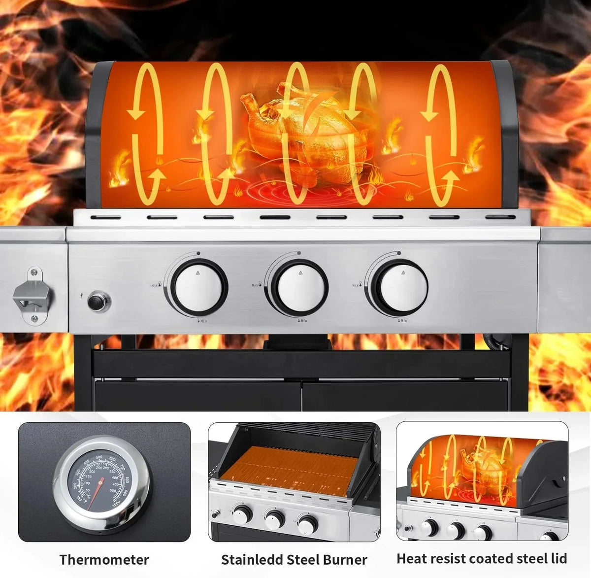4-Burner Propane Gas Grill with Cast Iron Grates. Side Stove and 44.000 BTU Stainless Steel Burners