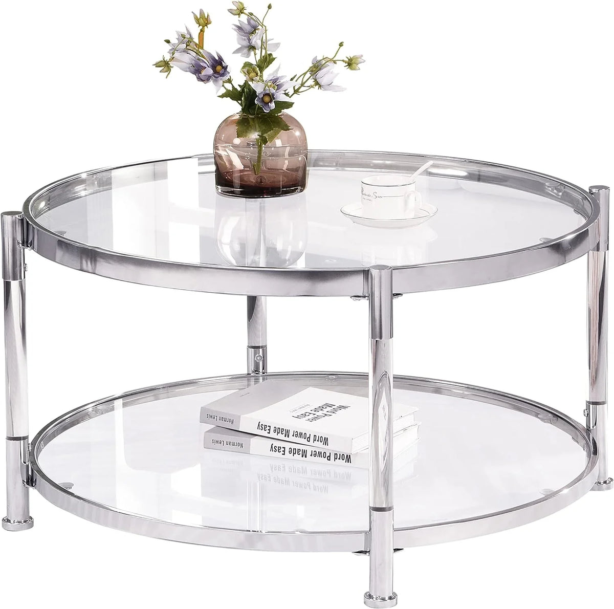 A round coffee table with a metal frame. the surface is made of chrome-plated acrylic glass.