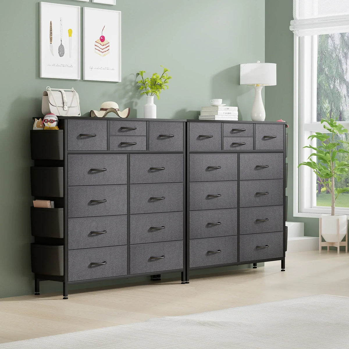 12 Drawer Fabric Dresser. Tall Bedroom Chest of Drawers with Storage
