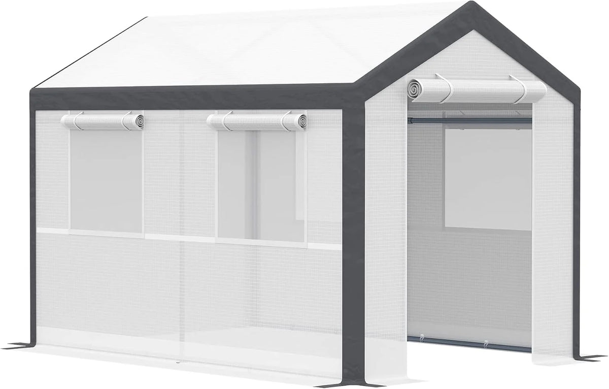 A 20-foot x 10-foot x 9-foot walk-in green house with an outdoor garden greenhouse. equipped with 6 roll-up windows. 2 zipper doors and a rain cover. in white color.