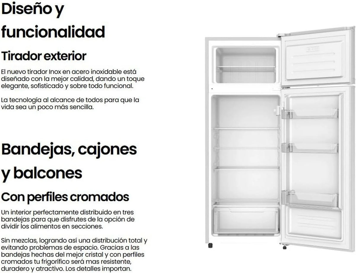 INFINITON Frigorifico Dos Puertas FG-A145B. 200 Litros. 143 cm de Altura. Defrost. LED Interior. E. Diseño con Tirador Integrado. Ancho 55 cm.