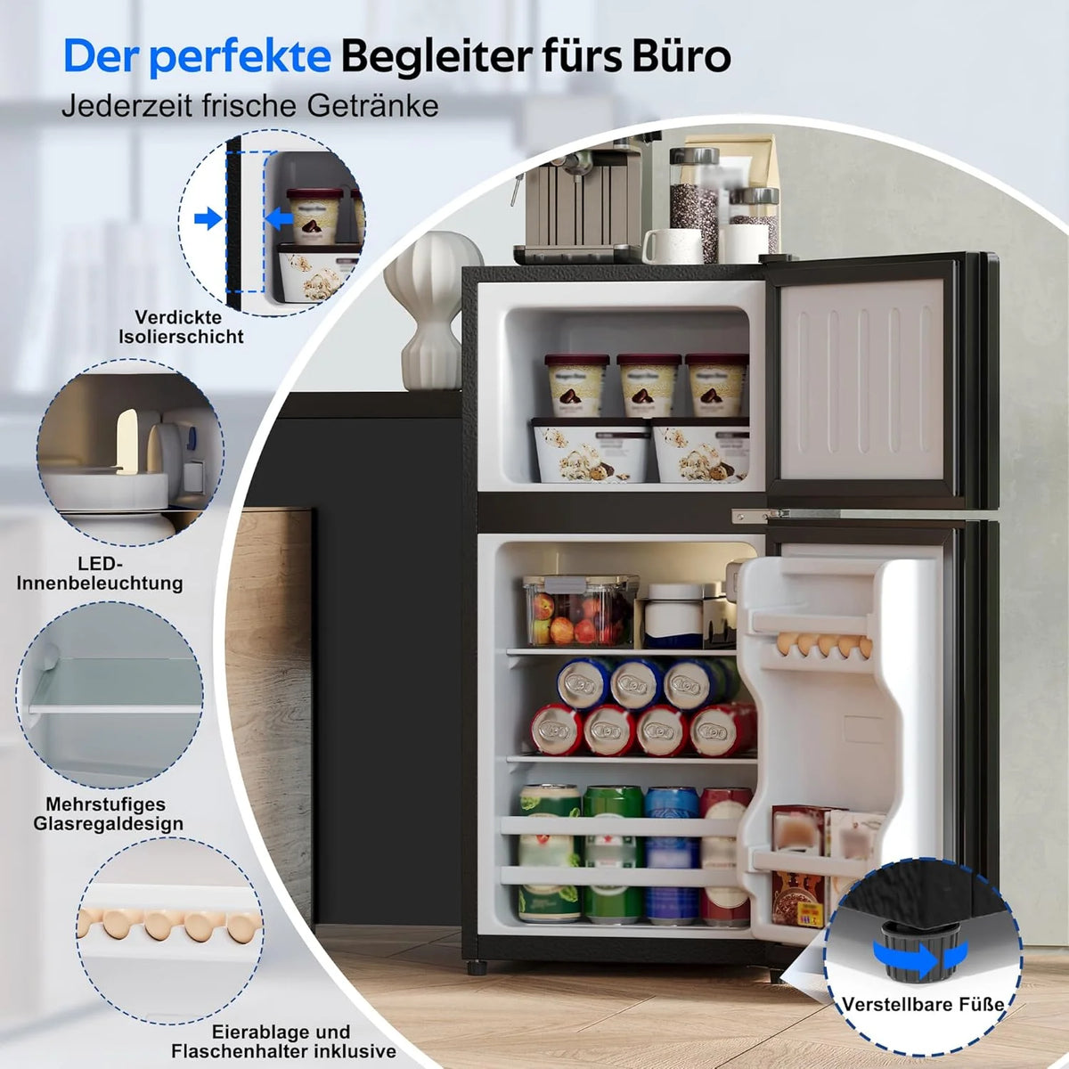 Merax Kühlschrank mit Gefrierfach. 60L Kleiner Kühlschrank. kompakt. Glastür. LED-Innenbeleuchtung. manuelle Temperaturregelung. Glasablagen. 45 dB(A)