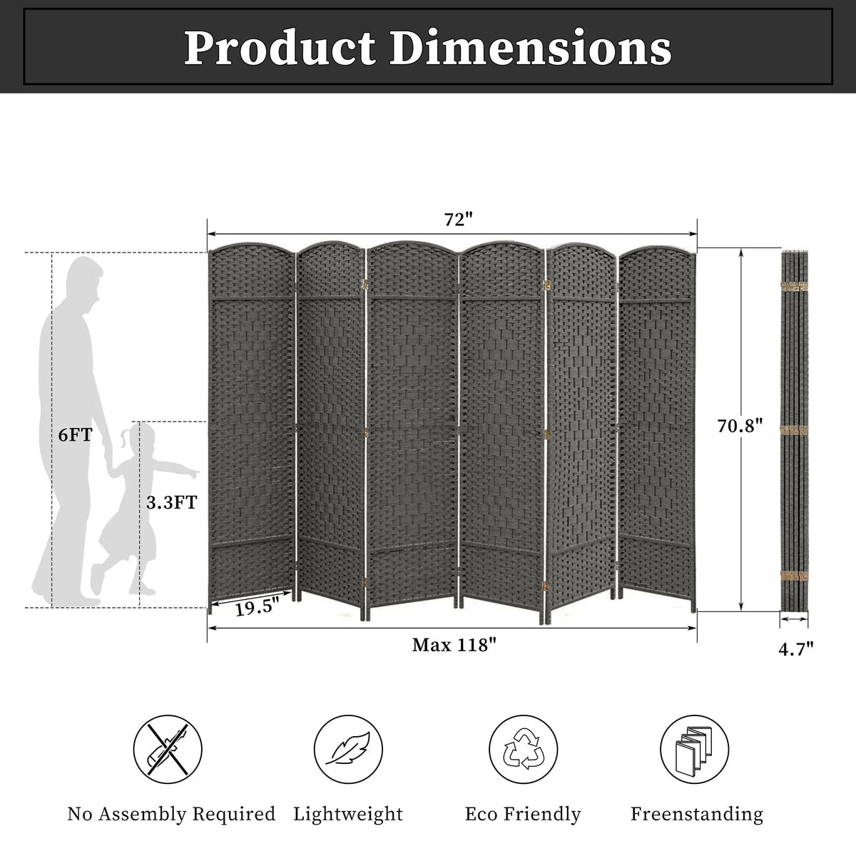 6 FT Tall Woven Fiber Room Divider. Freestanding Folding Privacy Screen