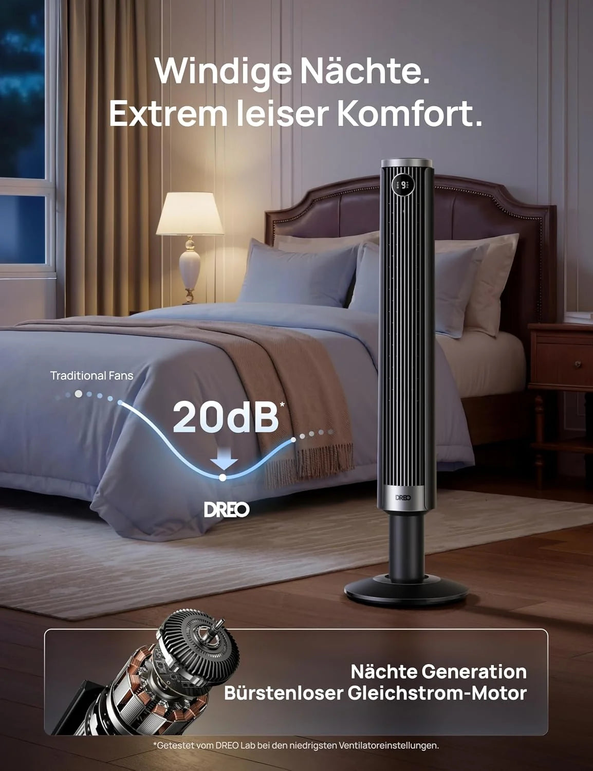 DREO Smart 102–114cm Turmventilator fürs Schlafzimmer. Höhenverstellbar. 8.4m/s. DC-Motor. 9 Stufen. 4 Modi. 90°-Oszillation. Standventilator. 20dB