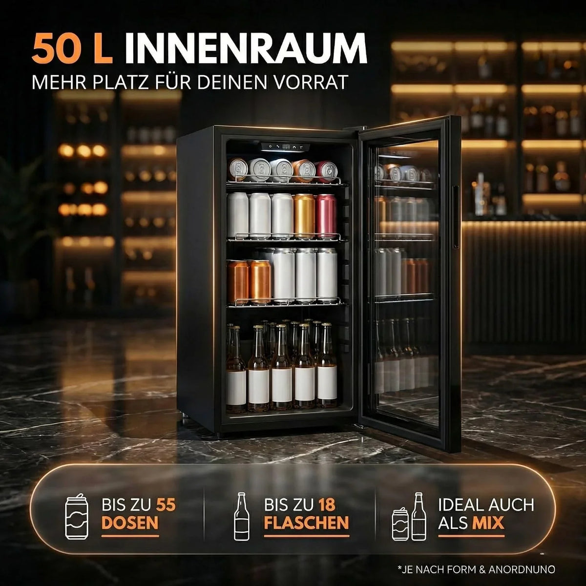 Sommertal Getränkekühlschrank 50L – Mini Kühlschrank schwarz mit Glastür. Touchscreen & LED | Kleiner Flaschenkühlschrank abschließbar & leise für
