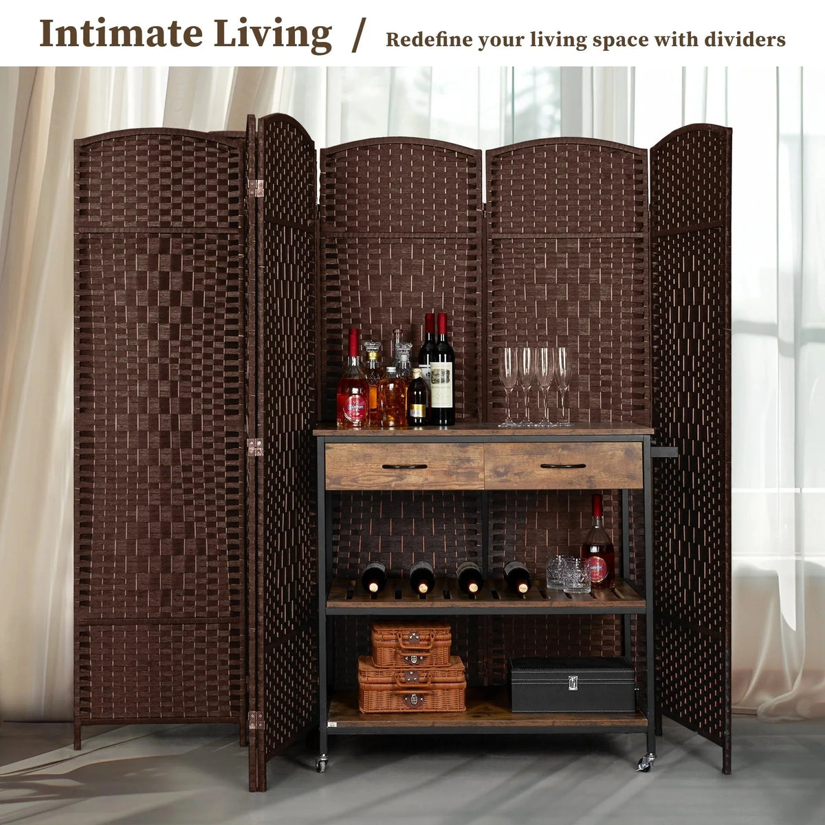 6 FT Tall Woven Fiber Room Divider. Freestanding Folding Privacy Screen