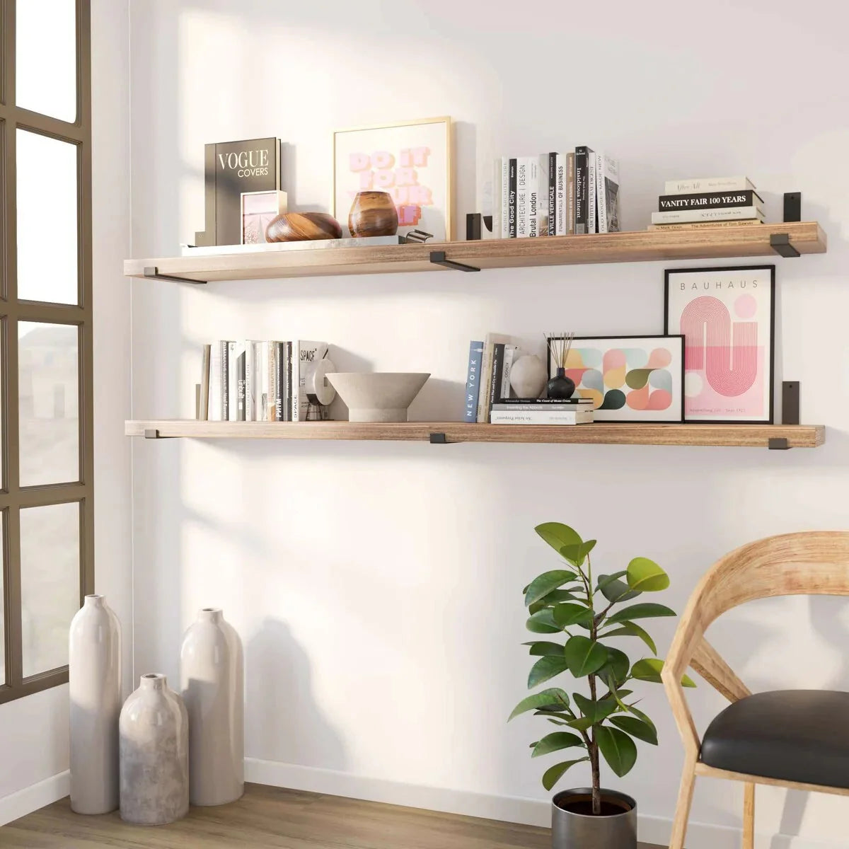 72 Inch Floating Wood Wall Shelves. Set of 2 Burnt Wood Display and Storage Shelves for Home Decor