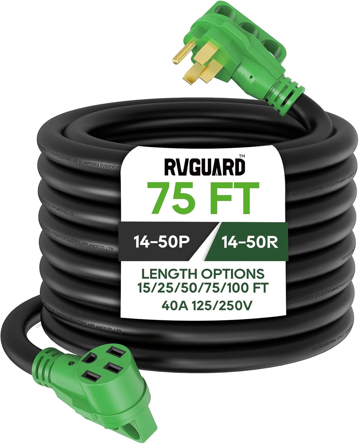 50 Amp 50 Foot RV/EV Extension Cord. NEMA 14-50P/R Heavy Duty Extension Cord with LED Power Indicator and Cord Organizer. Green. ETL Listed