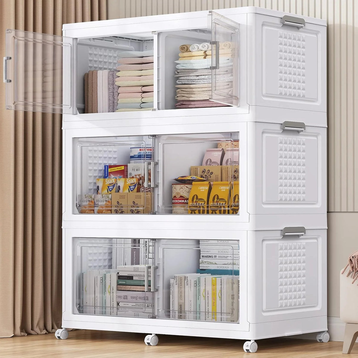 200Gal Extra Large Plastic Storage Bins with Lid & Wheels. Stackable Collapsible Bins with Dividers. Cube Closet Organizers and Storage Cabinet Shelves Box Roomy for Home Kitchen.4Pack White